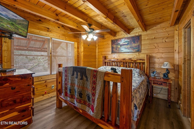 bedroom with wood ceiling, beam ceiling, wooden walls, and wood finished floors