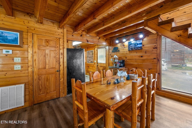 dining room with wood finished floors, visible vents, wood walls, wooden ceiling, and beamed ceiling