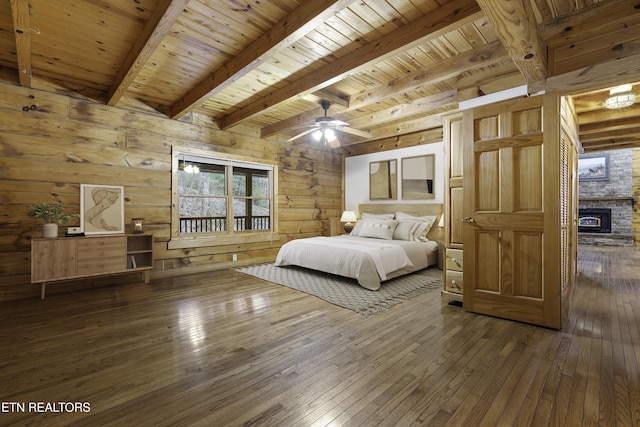 bedroom featuring hardwood / wood-style floors, wooden ceiling, wooden walls, and beamed ceiling