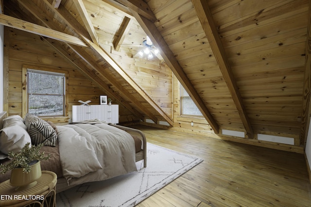 bedroom with wooden walls, light wood-style floors, wood ceiling, and vaulted ceiling with beams