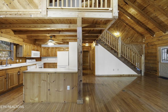 kitchen featuring light wood finished floors, wood ceiling, light countertops, white appliances, and a sink