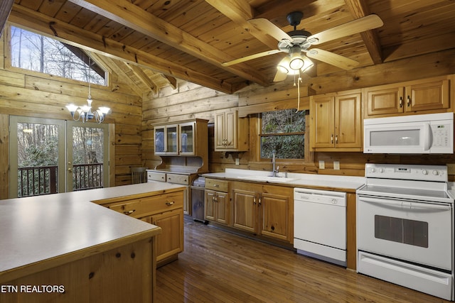 kitchen featuring dark wood-style flooring, a sink, white appliances, wooden ceiling, and vaulted ceiling with beams