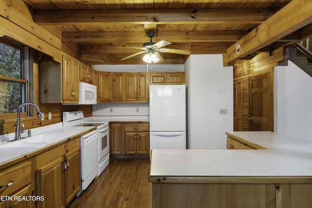 kitchen featuring beam ceiling, a sink, dark wood finished floors, white appliances, and light countertops