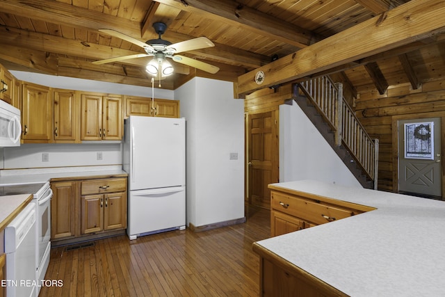 kitchen with beam ceiling, dark wood finished floors, white appliances, wood ceiling, and ceiling fan