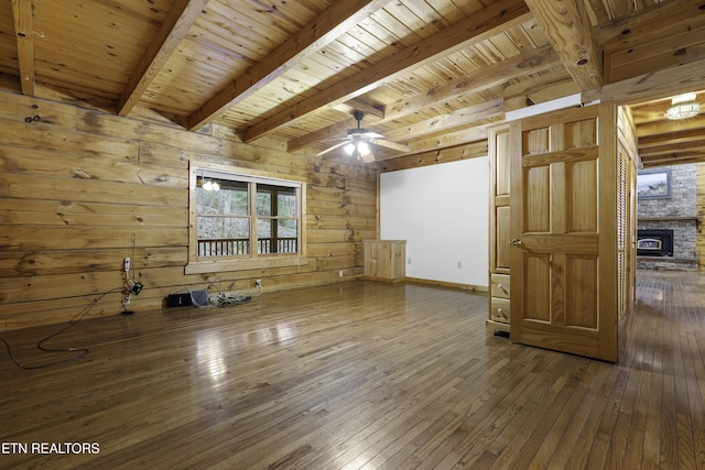 interior space with wood ceiling, wood-type flooring, beam ceiling, and wood walls