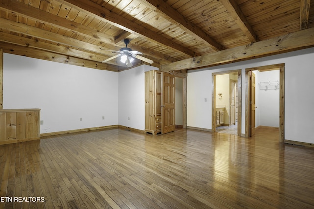 unfurnished room featuring hardwood / wood-style floors, beam ceiling, baseboards, and ceiling fan