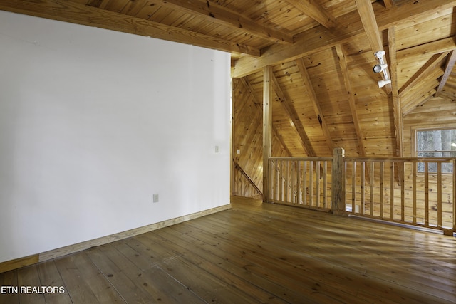 bonus room featuring wooden ceiling, lofted ceiling with beams, baseboards, and hardwood / wood-style floors