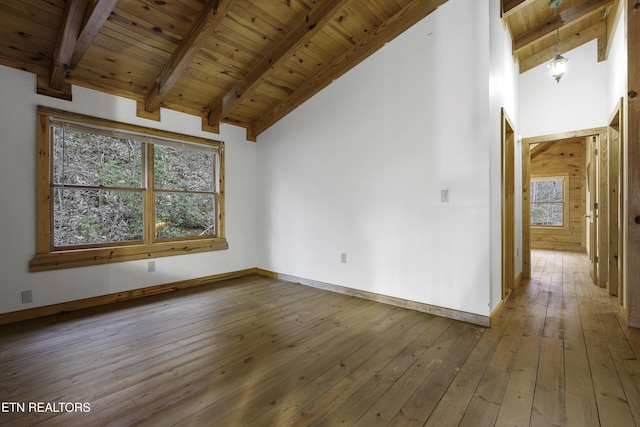 unfurnished room featuring beamed ceiling, wood ceiling, baseboards, and hardwood / wood-style flooring