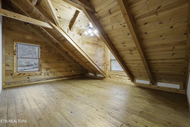 additional living space with light wood finished floors, wooden walls, wooden ceiling, and lofted ceiling with beams