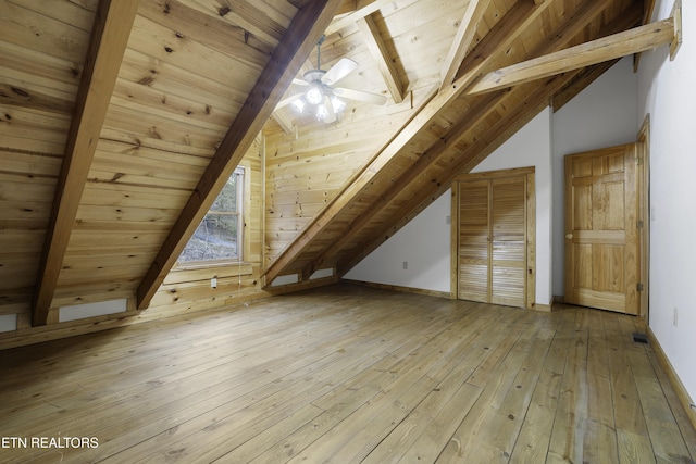 additional living space featuring lofted ceiling with beams, wood ceiling, baseboards, and light wood finished floors