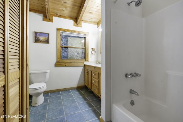 full bathroom featuring toilet, shower / tub combination, wood ceiling, beam ceiling, and tile patterned floors