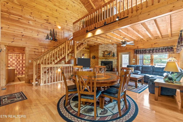 dining room with wood finished floors, stairway, wooden walls, a stone fireplace, and wooden ceiling