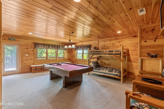 rec room with wooden walls, carpet, wooden ceiling, and billiards