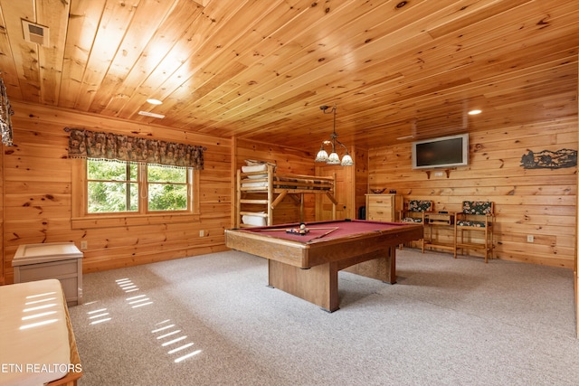 rec room featuring wooden walls, carpet, wooden ceiling, and pool table