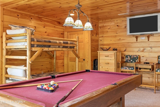 playroom featuring carpet flooring, wooden ceiling, pool table, and wood walls