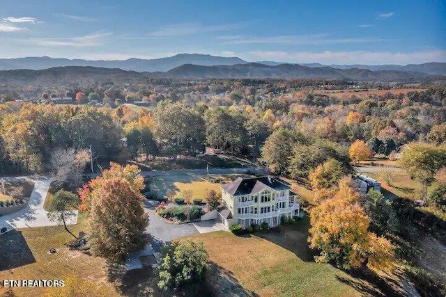 aerial view featuring a mountain view and a view of trees