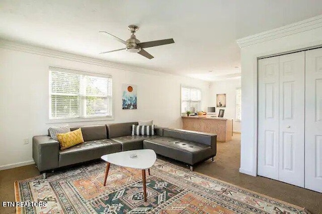 living area with ornamental molding, baseboards, and ceiling fan