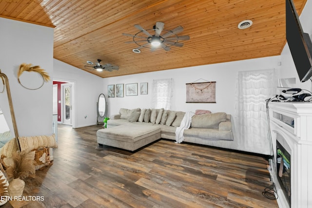 living area featuring visible vents, wood finished floors, wooden ceiling, a fireplace, and ceiling fan