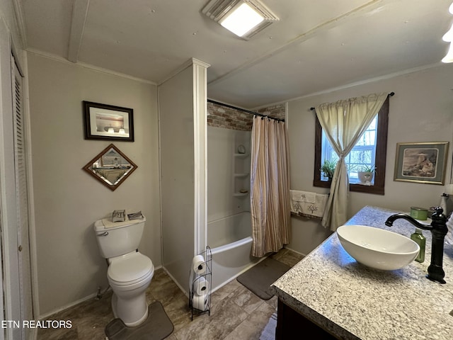 full bath with vanity, shower / bath combination with curtain, toilet, and baseboards