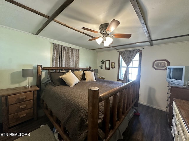 bedroom featuring a ceiling fan, dark wood-type flooring, and baseboards