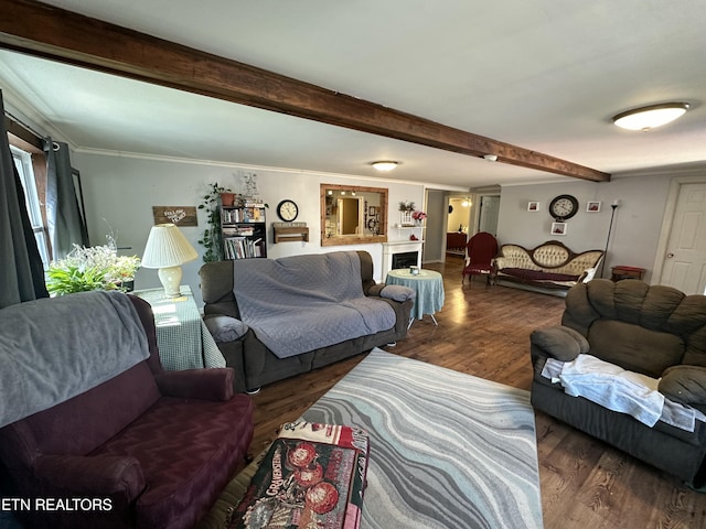 living area featuring beam ceiling, wood finished floors, and ornamental molding