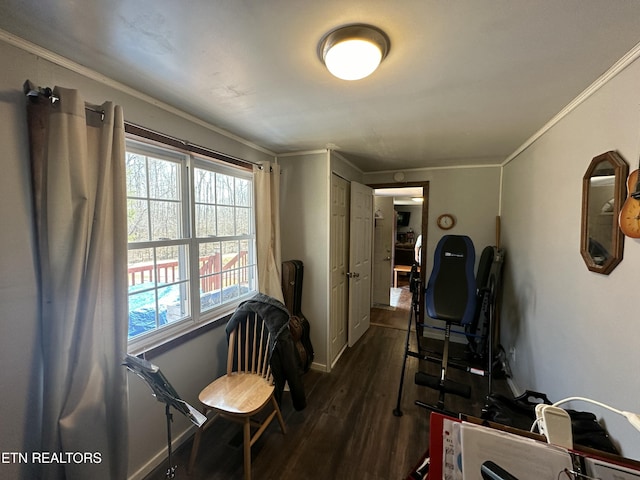 sitting room featuring baseboards, dark wood-style floors, and ornamental molding