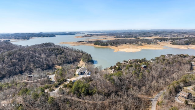 bird's eye view with a forest view and a water view