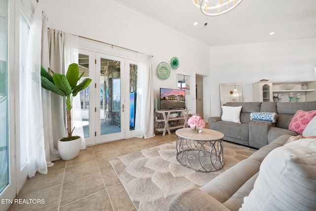 tiled living area featuring recessed lighting, a notable chandelier, a high ceiling, and crown molding