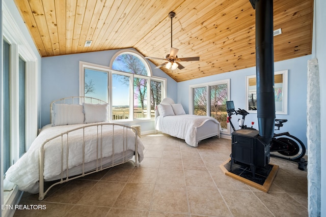 bedroom with visible vents, tile patterned flooring, lofted ceiling, wood ceiling, and a wood stove