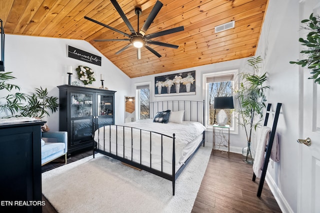 bedroom featuring wood finished floors, visible vents, baseboards, lofted ceiling, and wood ceiling