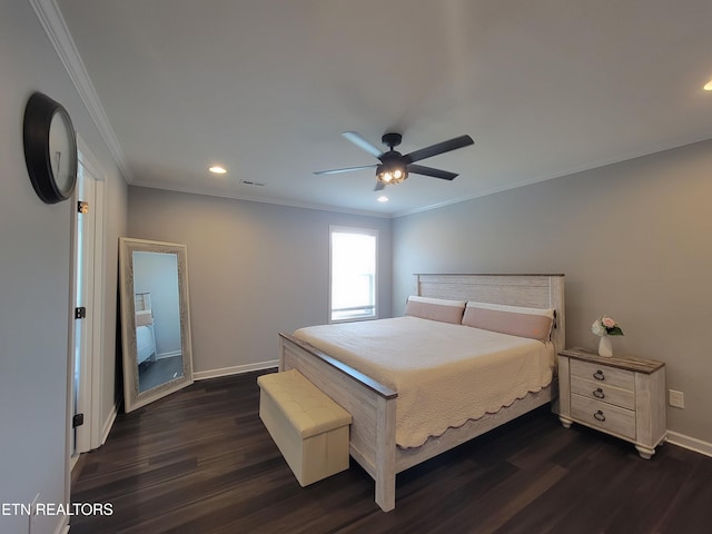 bedroom with recessed lighting, crown molding, dark wood-type flooring, and baseboards