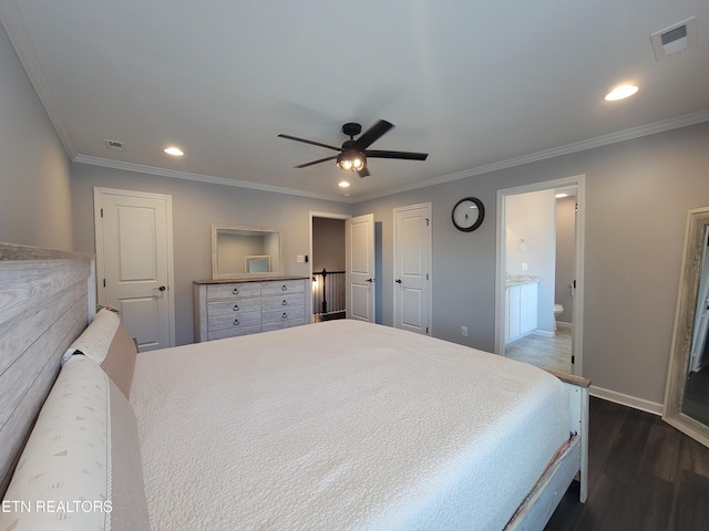 bedroom featuring recessed lighting, dark wood-type flooring, and crown molding