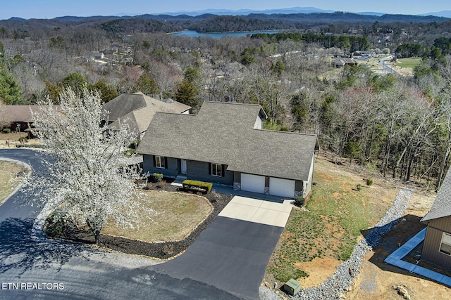 birds eye view of property with a view of trees and a water and mountain view