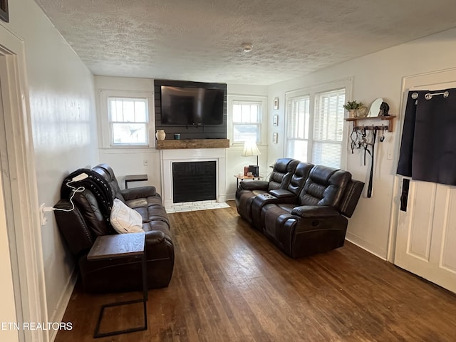 living room featuring a fireplace, wood finished floors, baseboards, and a textured ceiling