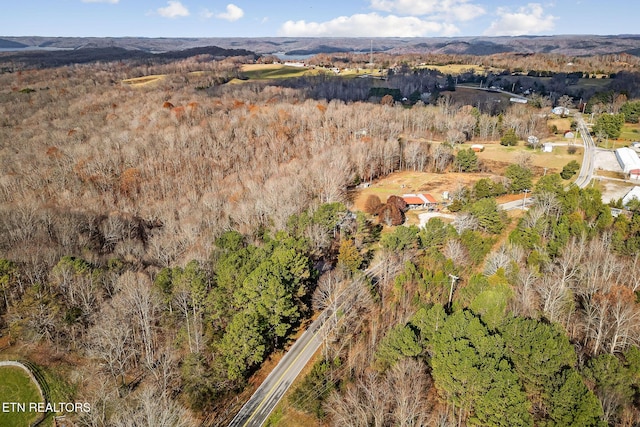 bird's eye view with a wooded view