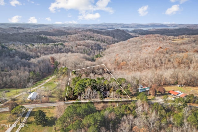 bird's eye view featuring a wooded view