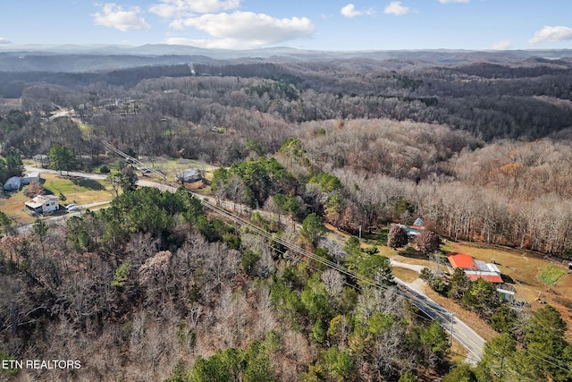 bird's eye view with a mountain view and a wooded view