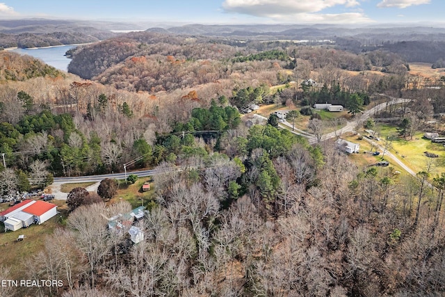 birds eye view of property with a view of trees and a water view