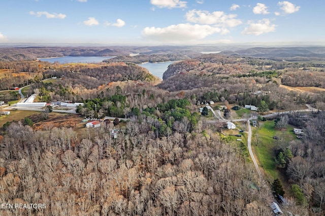 drone / aerial view featuring a water view and a wooded view