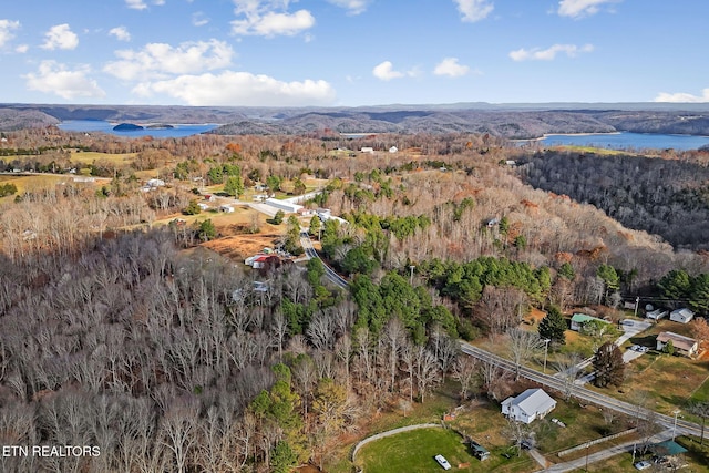 birds eye view of property featuring a forest view and a water view