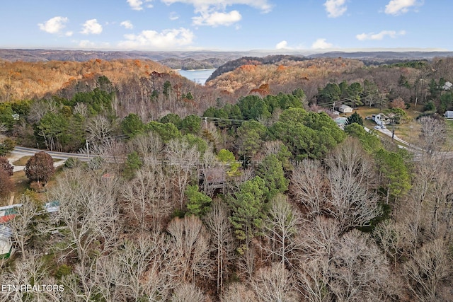 aerial view featuring a wooded view and a water view