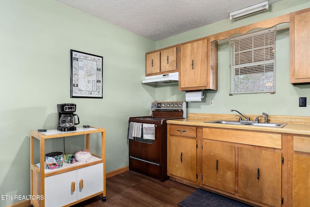 kitchen featuring electric range, dark wood-style flooring, a sink, light countertops, and under cabinet range hood