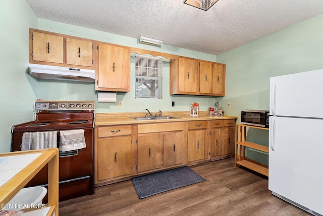 kitchen featuring under cabinet range hood, stainless steel microwave, a sink, electric range oven, and freestanding refrigerator