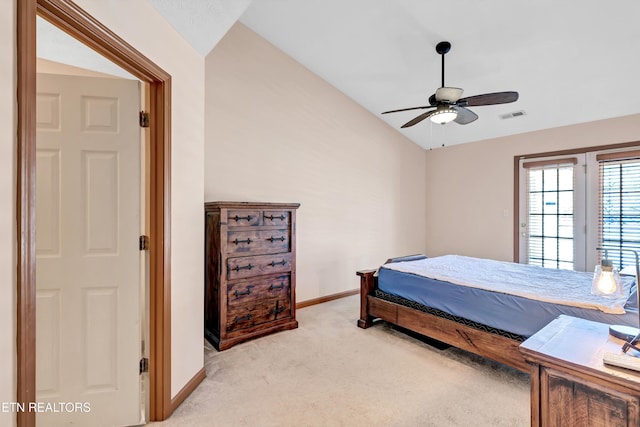 bedroom with visible vents, baseboards, lofted ceiling, access to exterior, and light colored carpet