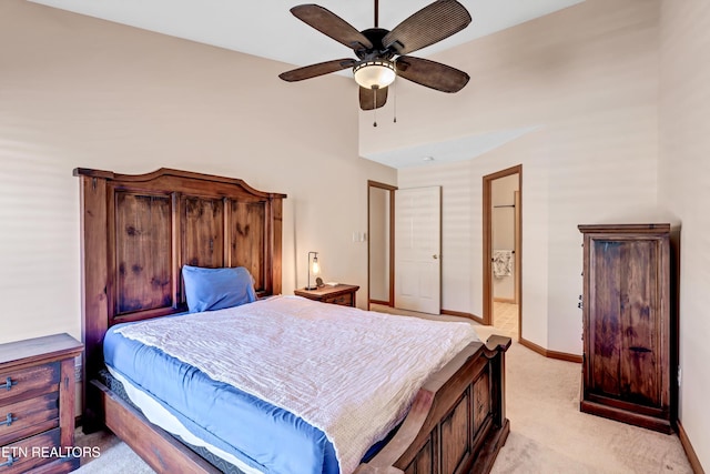 bedroom with baseboards, light colored carpet, and ceiling fan