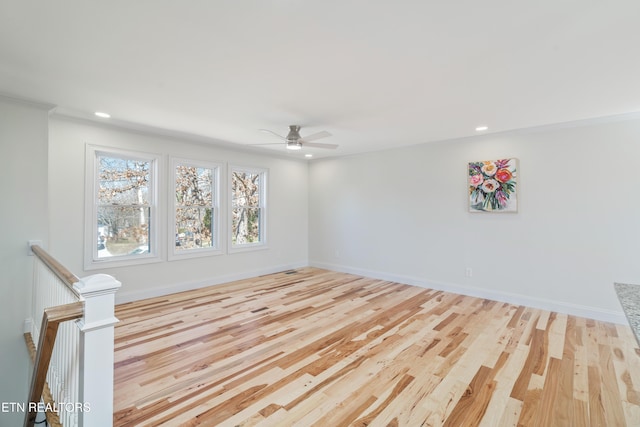 spare room featuring recessed lighting, ceiling fan, and wood finished floors