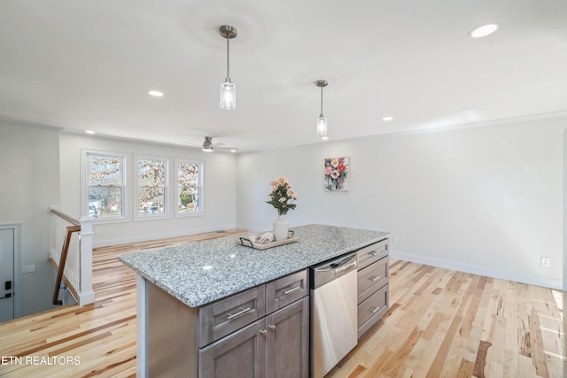 kitchen with ceiling fan, pendant lighting, recessed lighting, light wood-style flooring, and stainless steel dishwasher