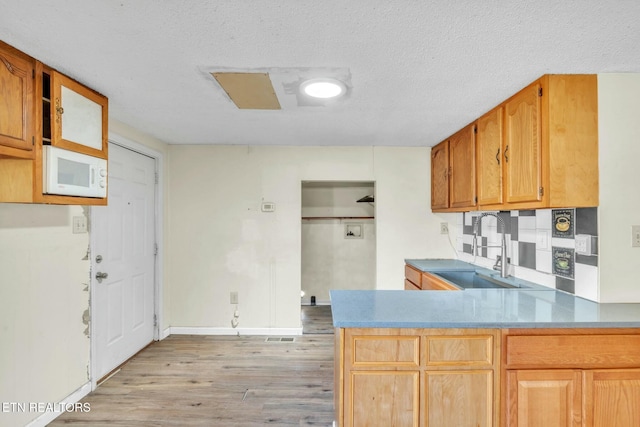 kitchen with light wood-type flooring, a sink, backsplash, a textured ceiling, and a peninsula