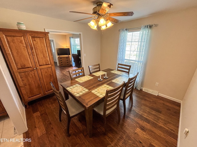 dining room with a ceiling fan, plenty of natural light, visible vents, and dark wood-style flooring