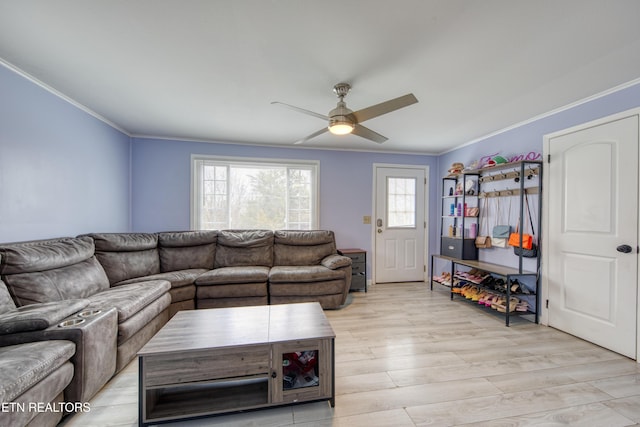 living area featuring light wood-style flooring, ceiling fan, and ornamental molding